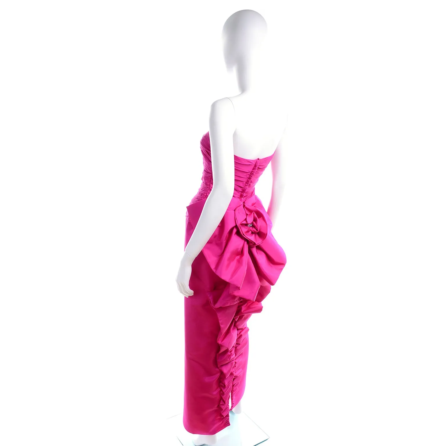 1980s Pink Strapless Evening Dress w/ Giant Bow & Ruching
