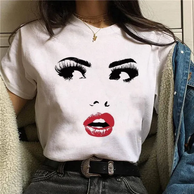 2020 Hot Harajuku Shiny eyelash Graphic T Shirt Women Eye shadow Grunge T-shirt Fashion Tshirt Ullzang Top Tee Female