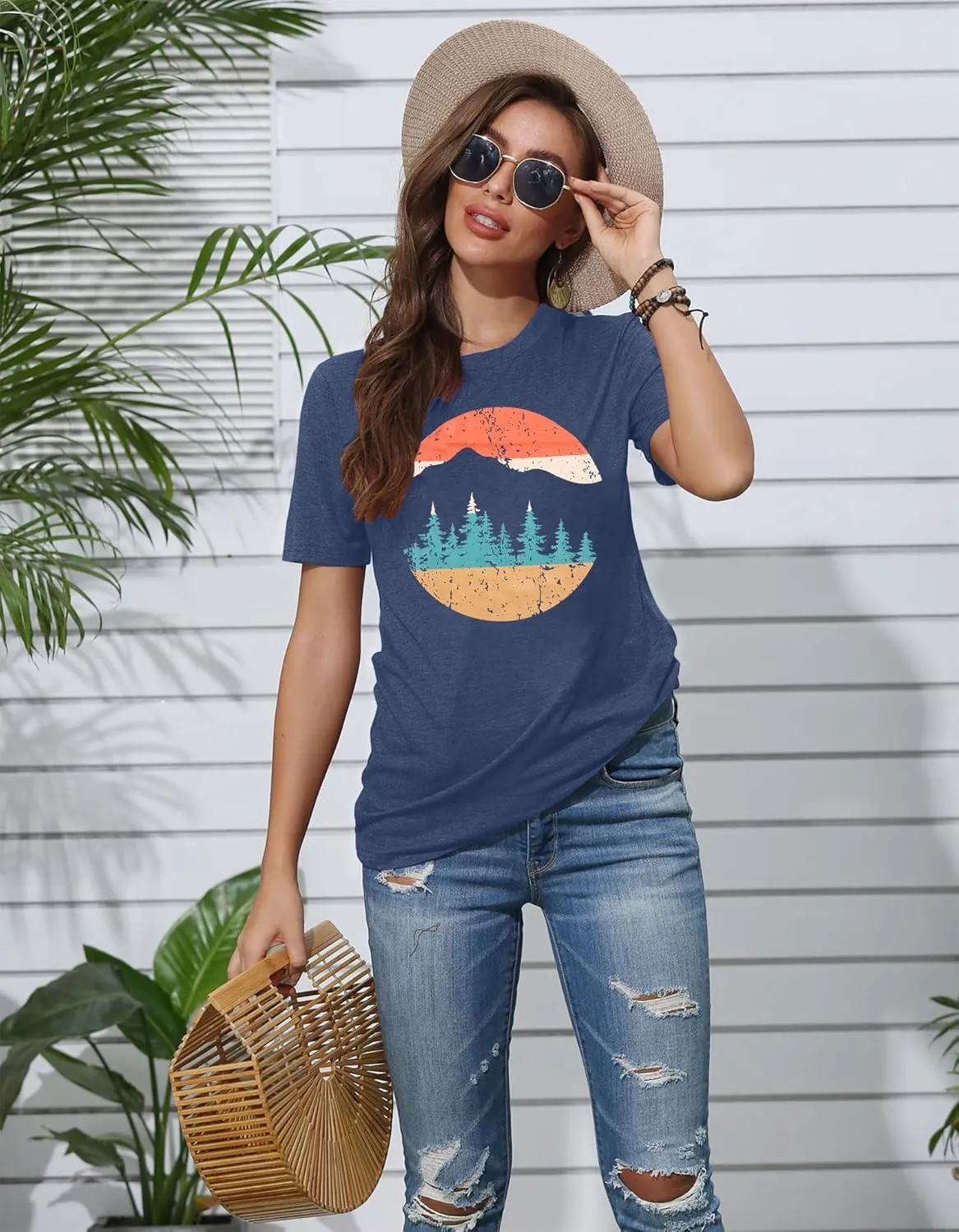 Adventure Shirts Women Funny Nature Graphic Tee Retro Camping Mountain T-Shirt Vintage Hiking Tops Casual Highway Tee