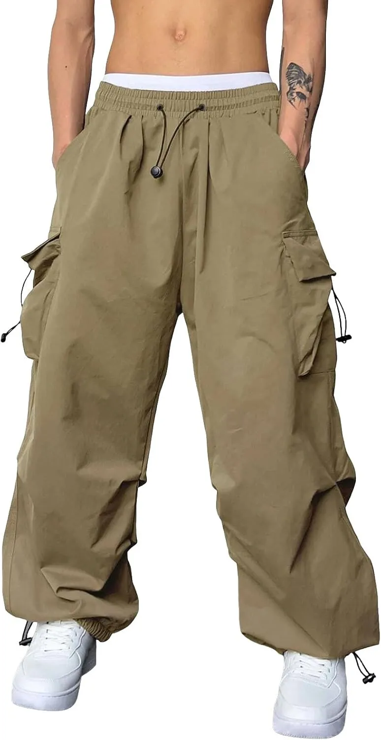 Alalaso Men's Baggy Cargo Pants Casual Parachute Cargo Pants Loose Fit Hip Hop Harem Pants with Pockets