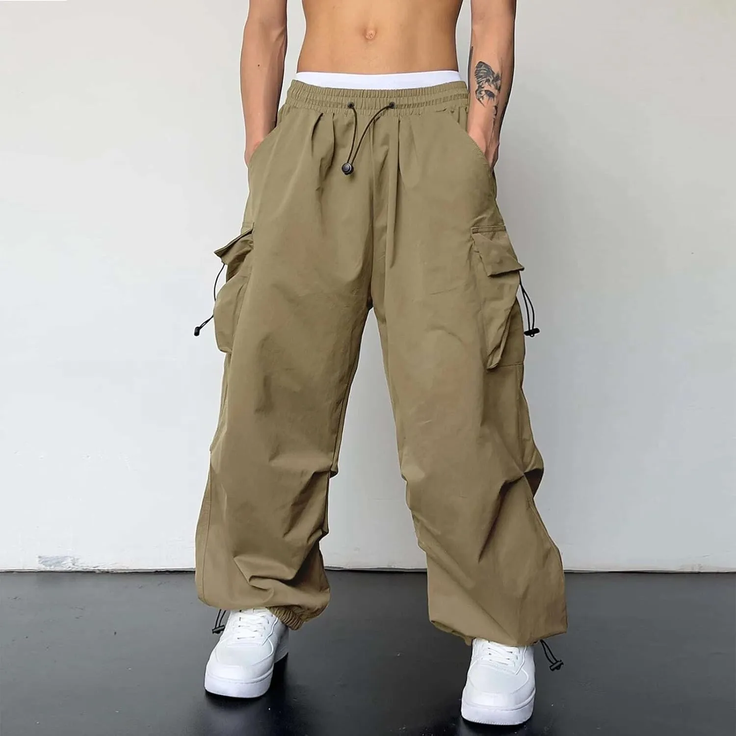Alalaso Men's Baggy Cargo Pants Casual Parachute Cargo Pants Loose Fit Hip Hop Harem Pants with Pockets