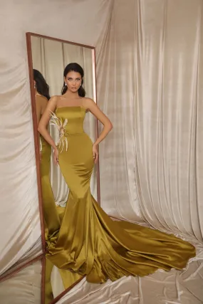 Averi Elegant Off-Shoulder Golden Evening Dress