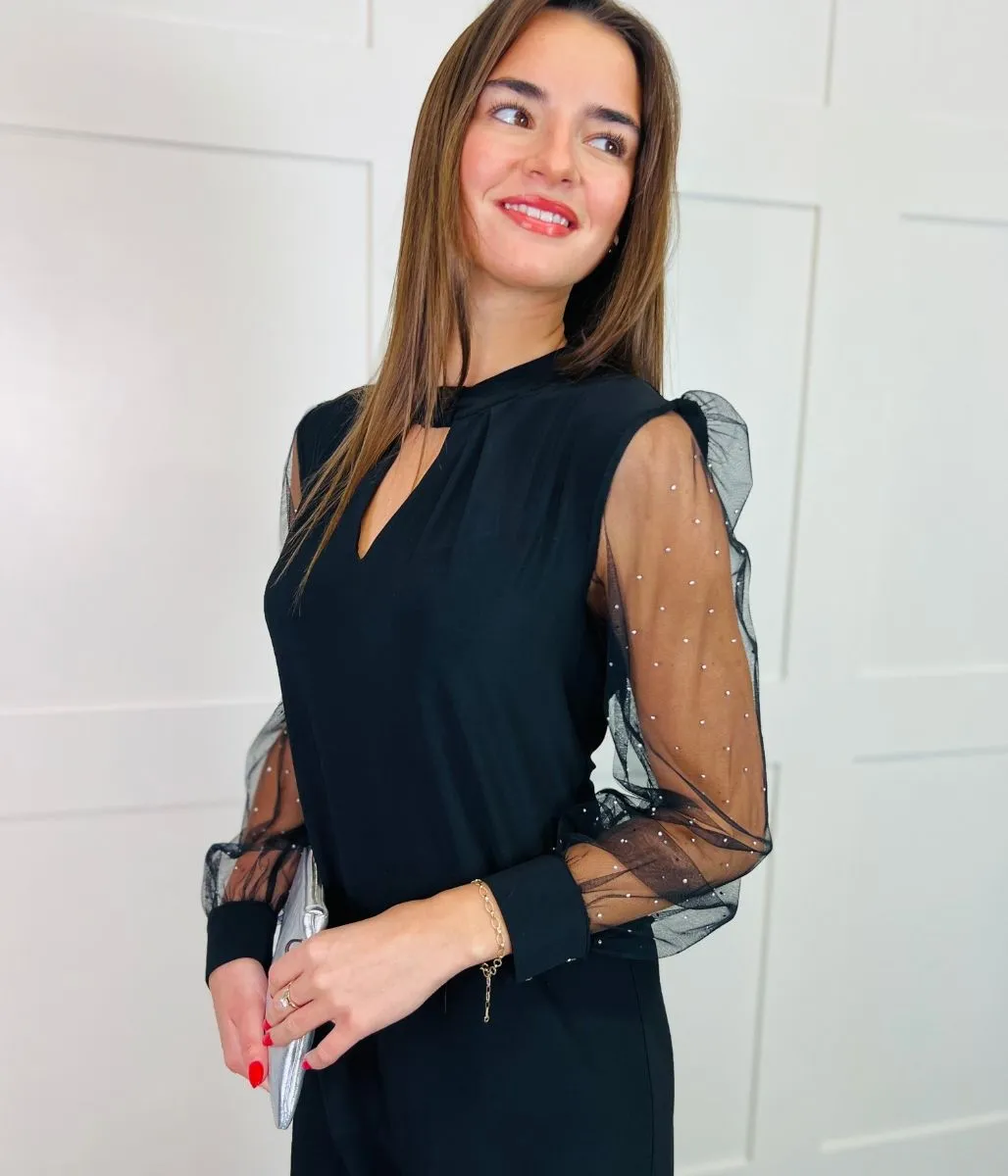 Black Sheer Sleeve Evening Dress