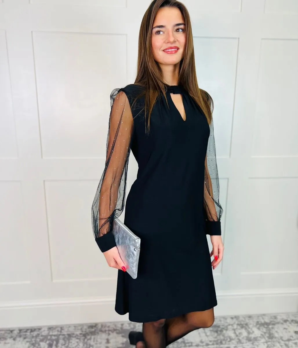 Black Sheer Sleeve Evening Dress