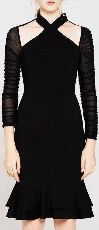 Black Sheer-Sleeve Halter Dress