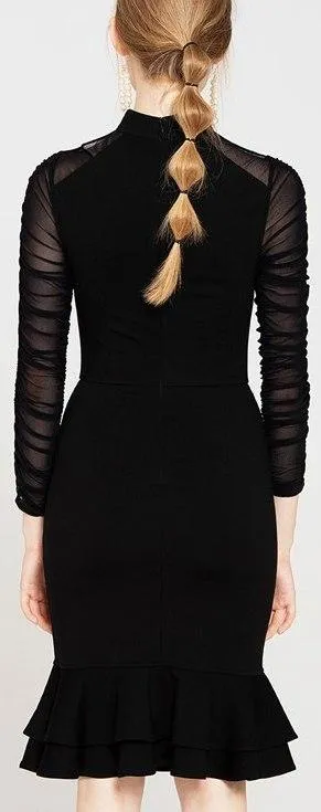 Black Sheer-Sleeve Halter Dress