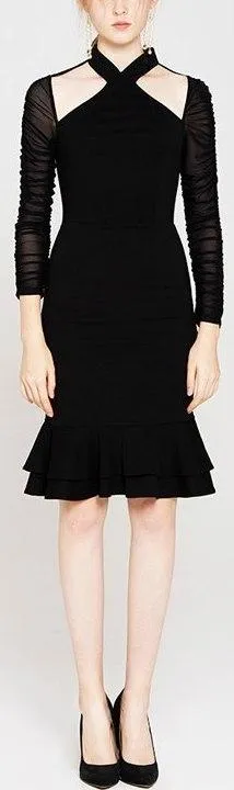 Black Sheer-Sleeve Halter Dress