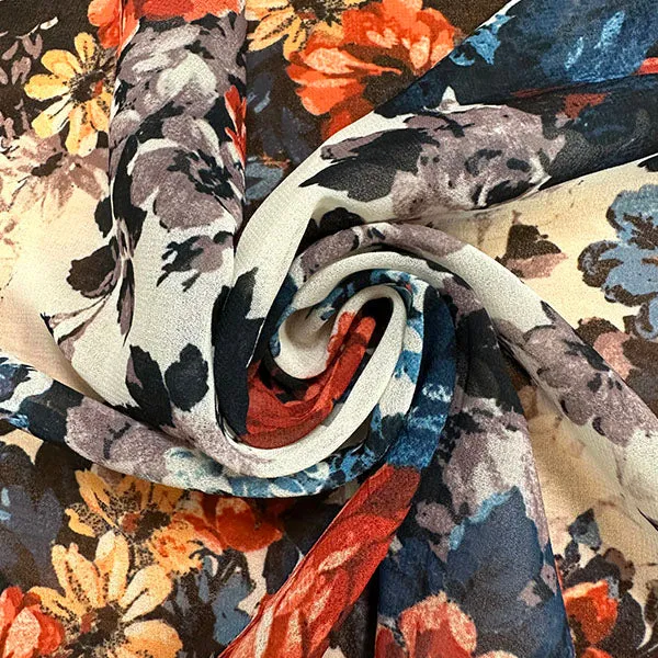 Blue & Red Floral Print Poly Chiffon Fabric