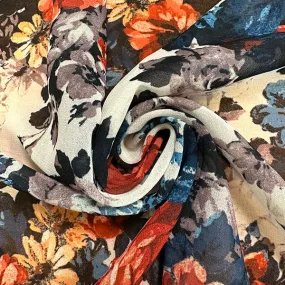Blue & Red Floral Print Poly Chiffon Fabric