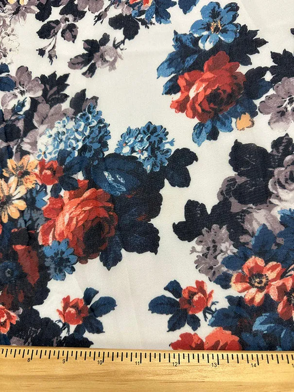 Blue & Red Floral Print Poly Chiffon Fabric
