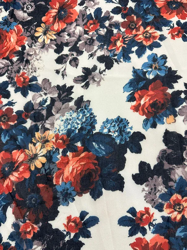 Blue & Red Floral Print Poly Chiffon Fabric