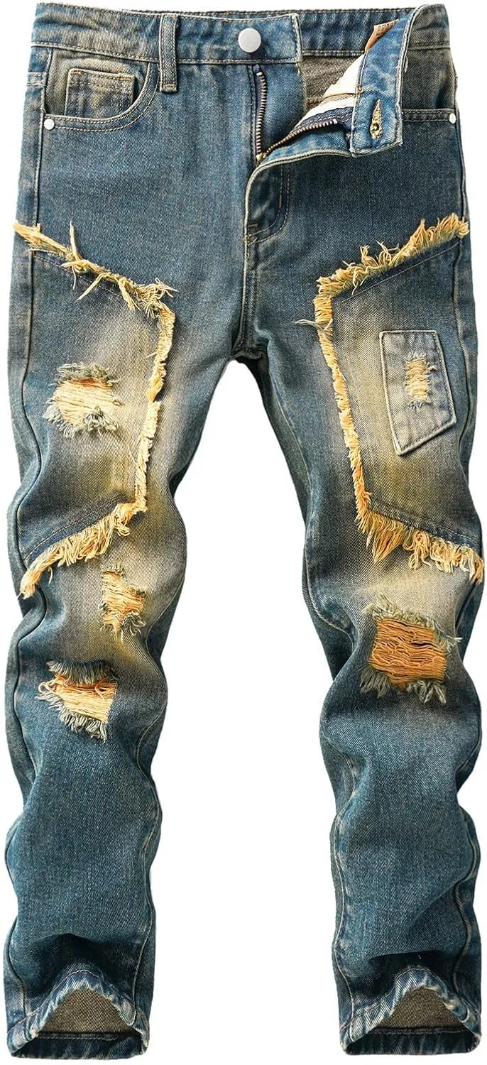 Boys Ripped Jeans Stacked Skinny Fit High Waisted Casual Denim Pants Teens Fashion Comfy Denim Jeans for Kids