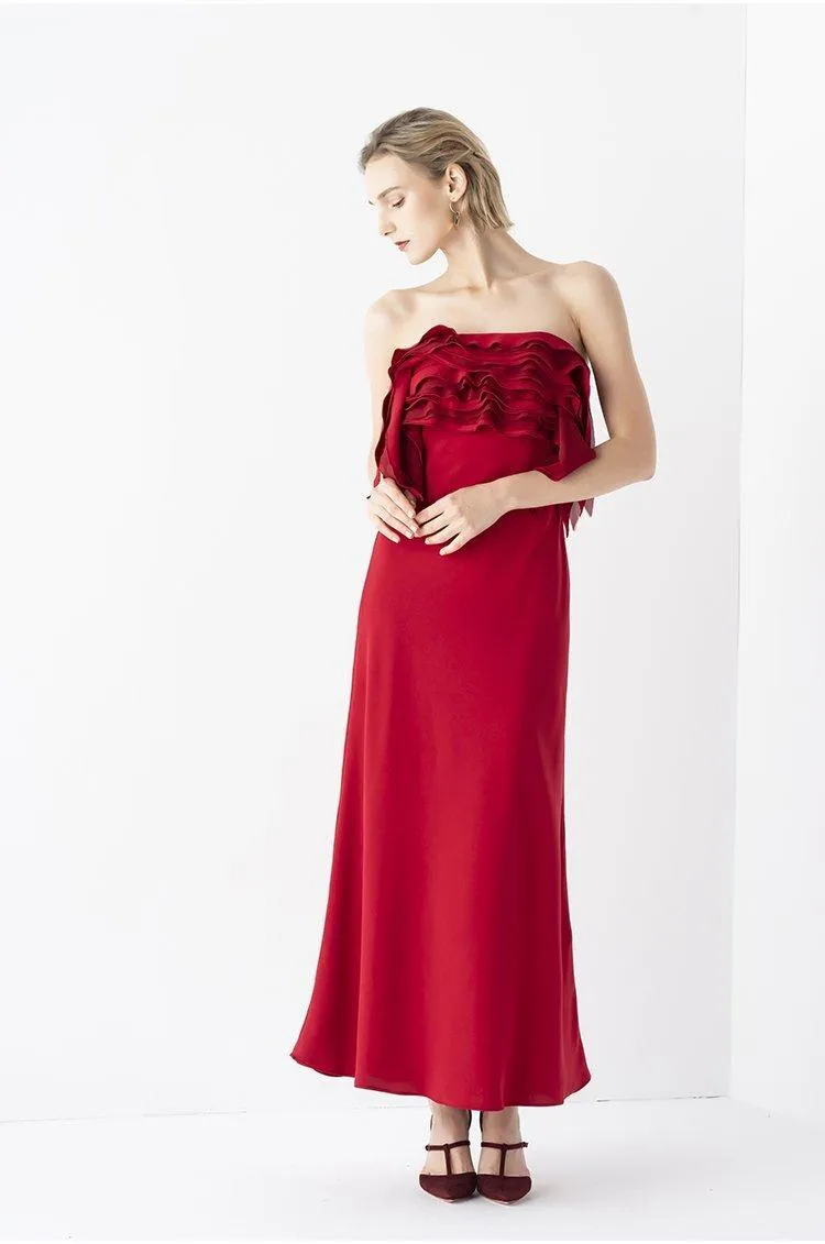 Elegant  strapless Chest midi Red  ruffle BriDal evening cocktail Dress - Bita