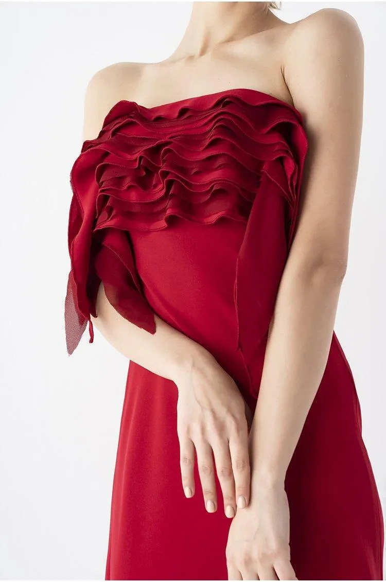 Elegant  strapless Chest midi Red  ruffle BriDal evening cocktail Dress - Bita