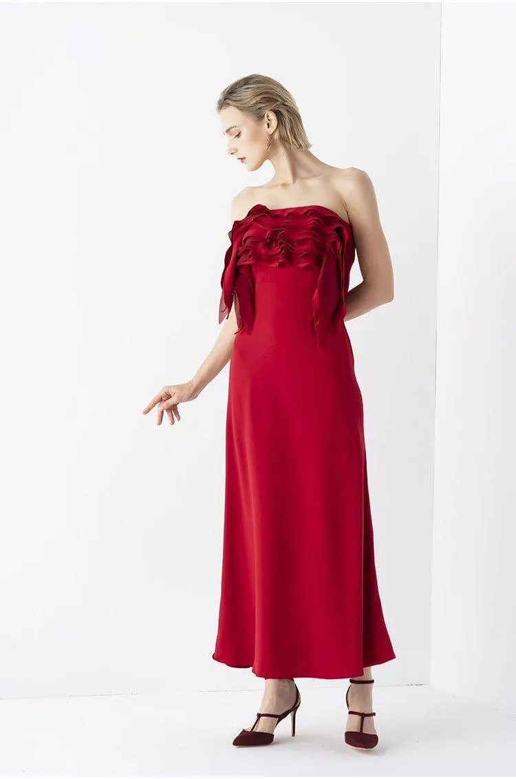 Elegant  strapless Chest midi Red  ruffle BriDal evening cocktail Dress - Bita