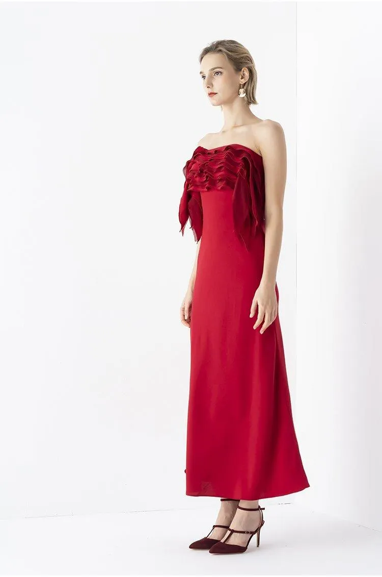 Elegant  strapless Chest midi Red  ruffle BriDal evening cocktail Dress - Bita