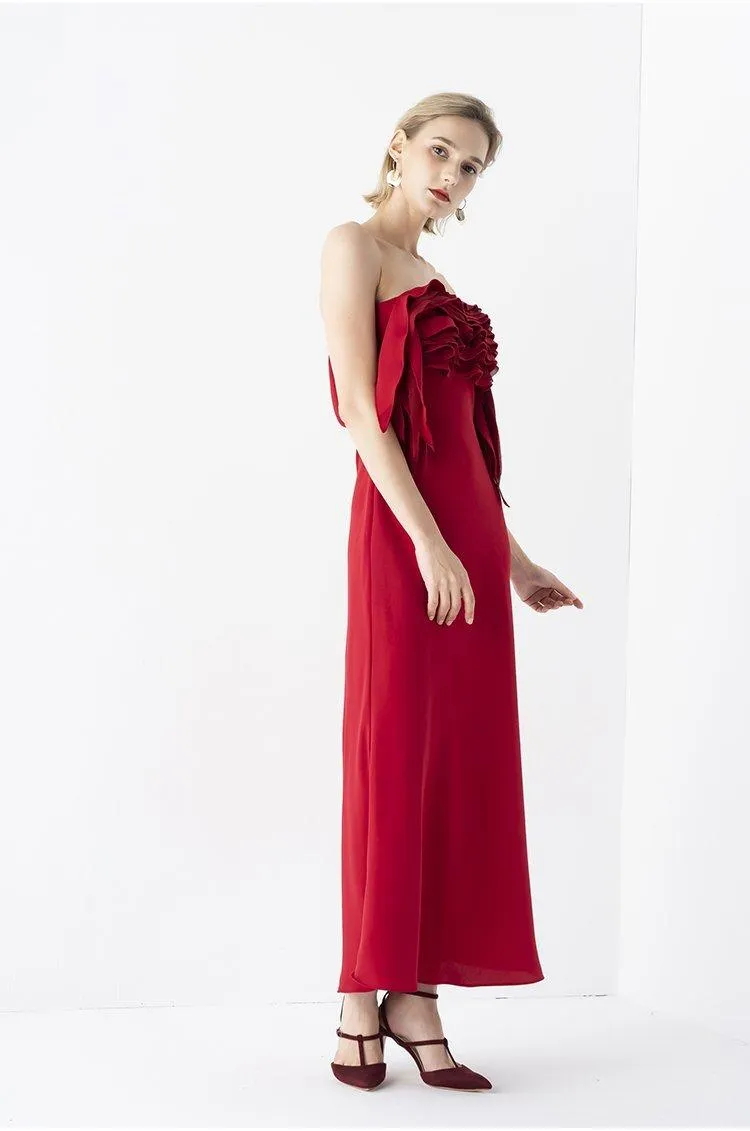 Elegant  strapless Chest midi Red  ruffle BriDal evening cocktail Dress - Bita