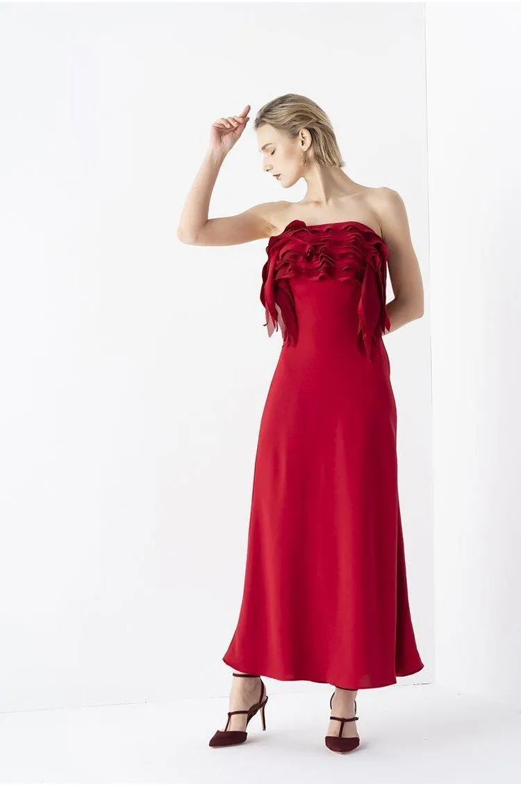 Elegant  strapless Chest midi Red  ruffle BriDal evening cocktail Dress - Bita