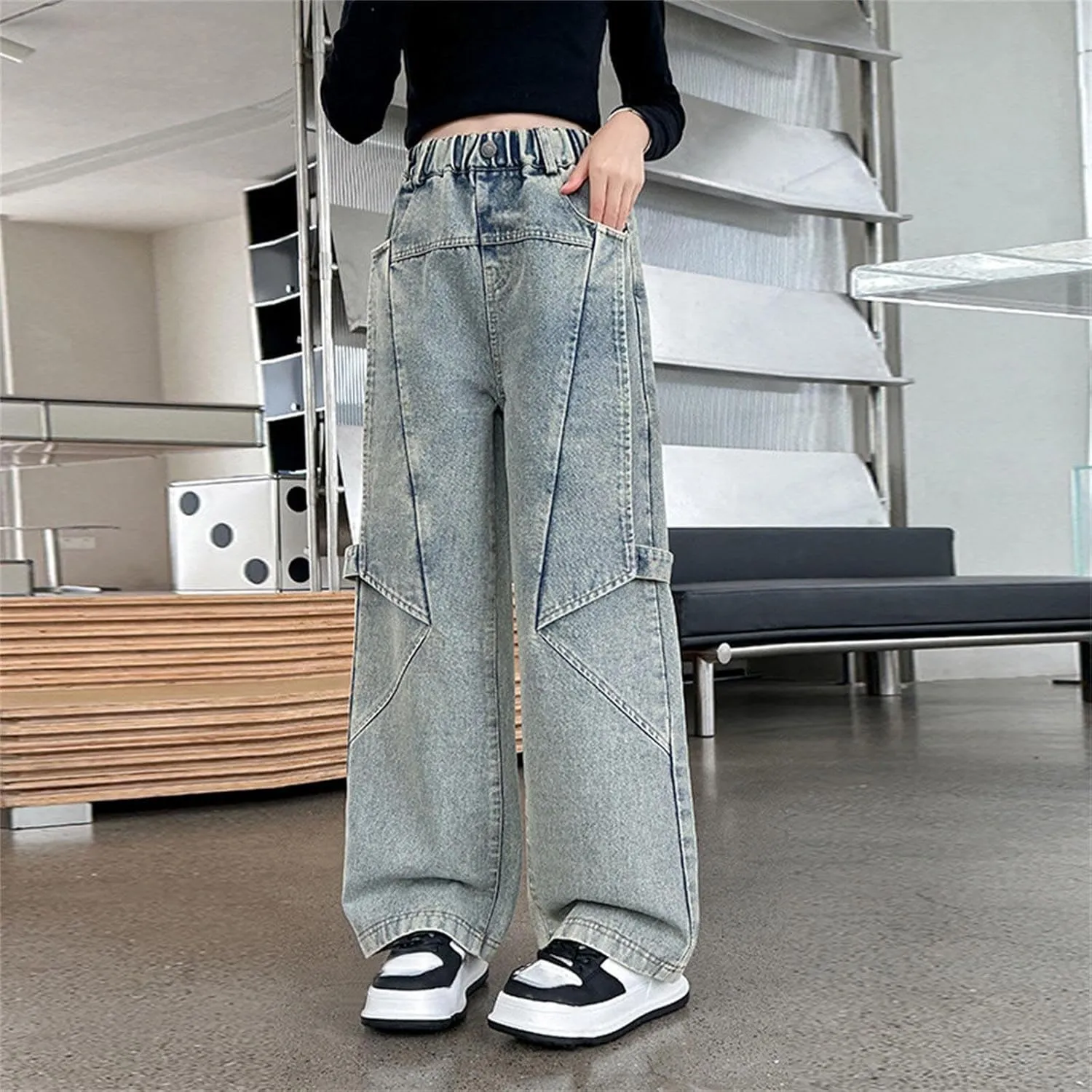 Girls Cargo Jeans Kids Wide Leg Jeans High Waist Baggy Jeans Loose Jeans Denim Pants Sweatpants for Girls Clothes