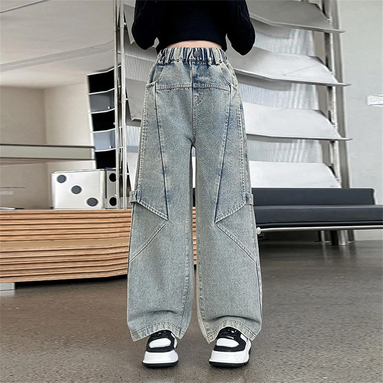 Girls Cargo Jeans Kids Wide Leg Jeans High Waist Baggy Jeans Loose Jeans Denim Pants Sweatpants for Girls Clothes