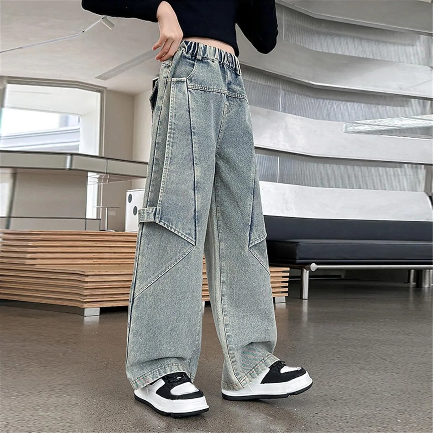 Girls Cargo Jeans Kids Wide Leg Jeans High Waist Baggy Jeans Loose Jeans Denim Pants Sweatpants for Girls Clothes