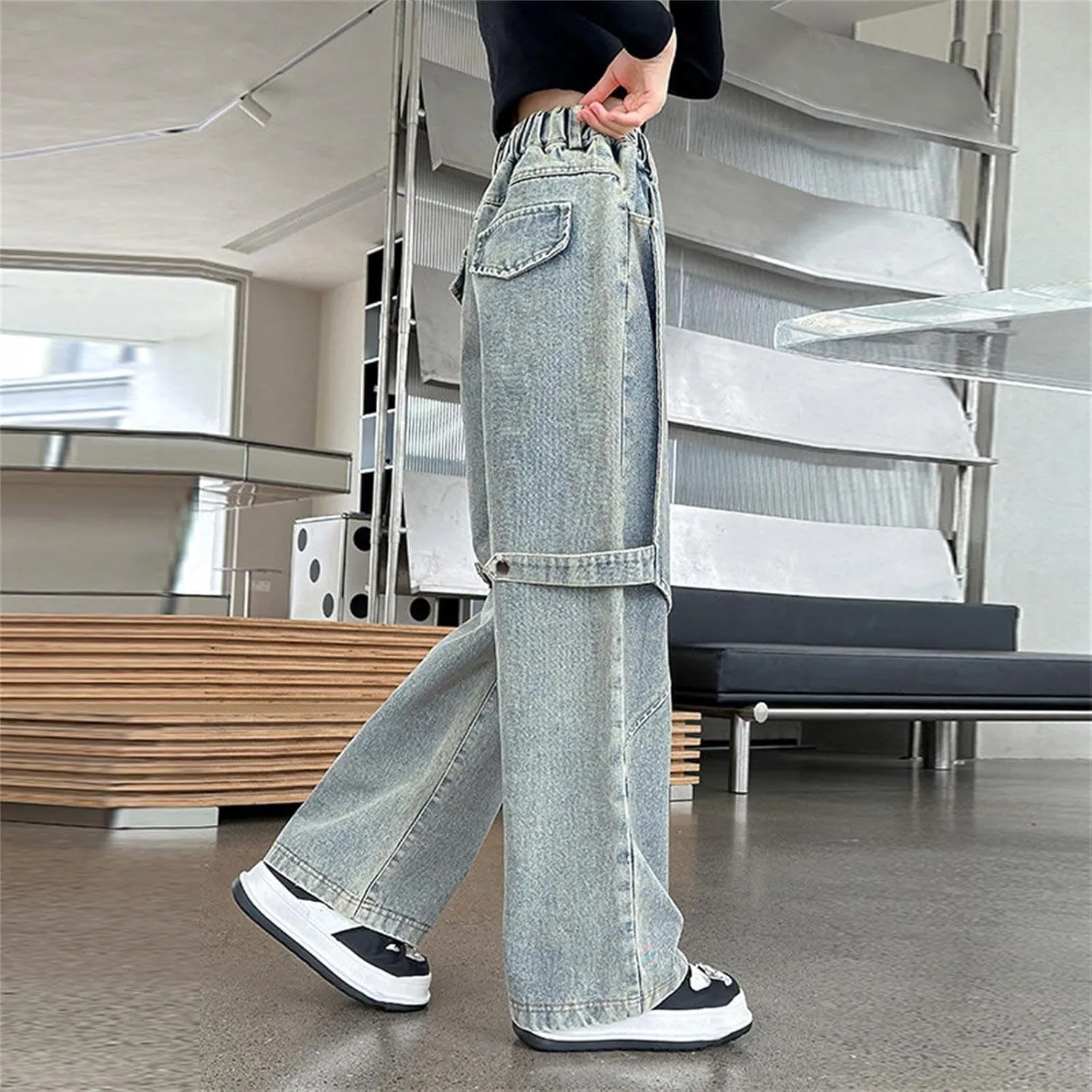 Girls Cargo Jeans Kids Wide Leg Jeans High Waist Baggy Jeans Loose Jeans Denim Pants Sweatpants for Girls Clothes