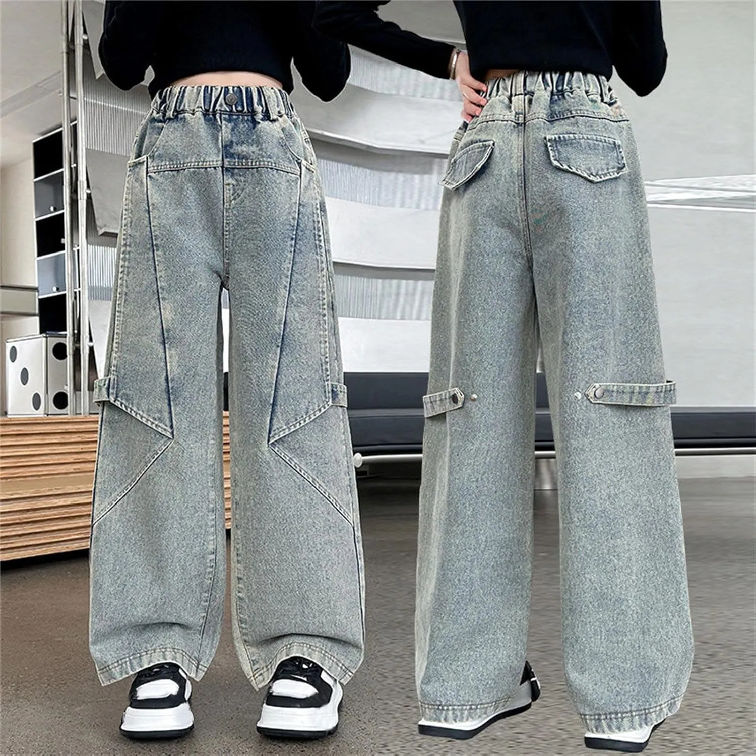 Girls Cargo Jeans Kids Wide Leg Jeans High Waist Baggy Jeans Loose Jeans Denim Pants Sweatpants for Girls Clothes