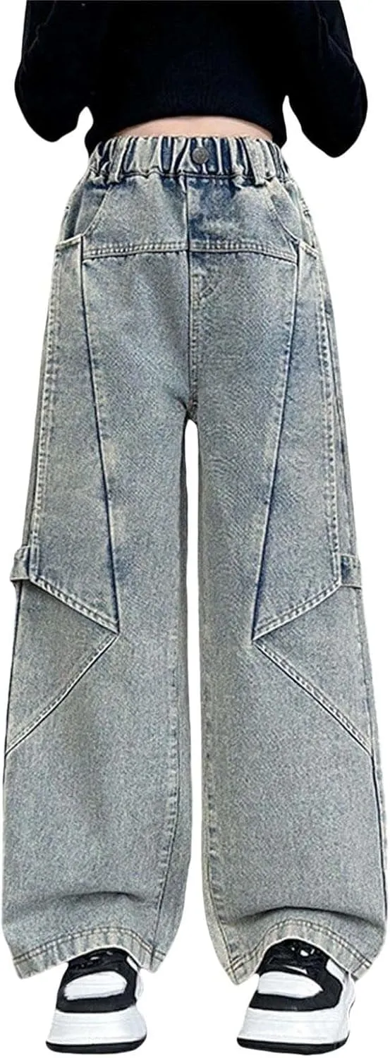 Girls Cargo Jeans Kids Wide Leg Jeans High Waist Baggy Jeans Loose Jeans Denim Pants Sweatpants for Girls Clothes