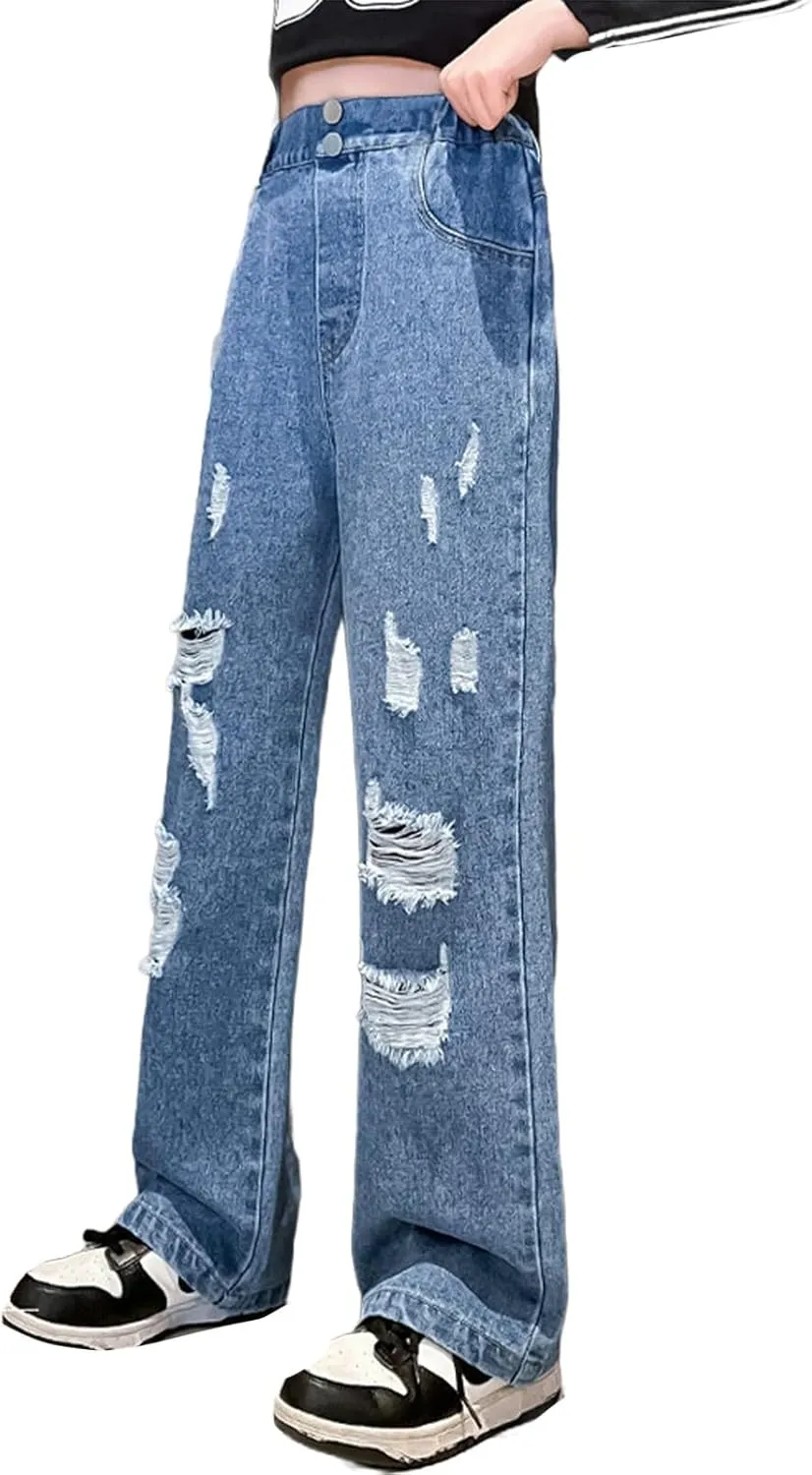 Girls Ripped Jeans Elastic Waist Distressed Straight Leg Denim Jeans Streetwear Hip Hop Pants Washed Boyfriend Jeans