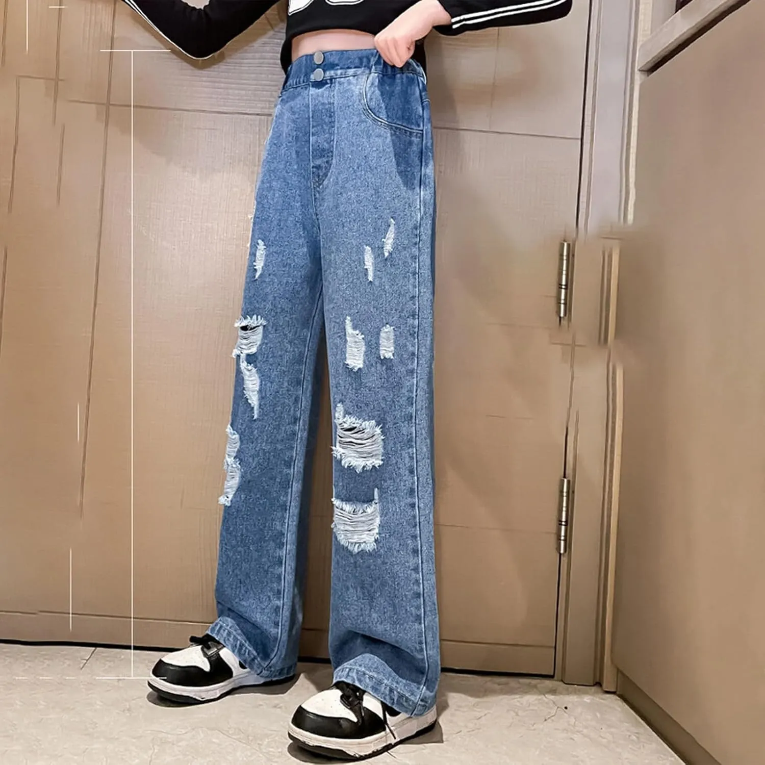 Girls Ripped Jeans Elastic Waist Distressed Straight Leg Denim Jeans Streetwear Hip Hop Pants Washed Boyfriend Jeans