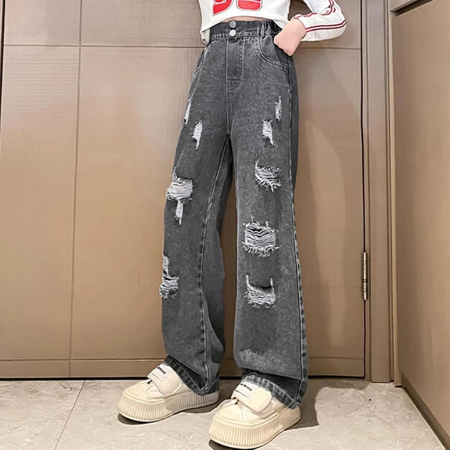 Girls Ripped Jeans Elastic Waist Distressed Straight Leg Denim Jeans Streetwear Hip Hop Pants Washed Boyfriend Jeans