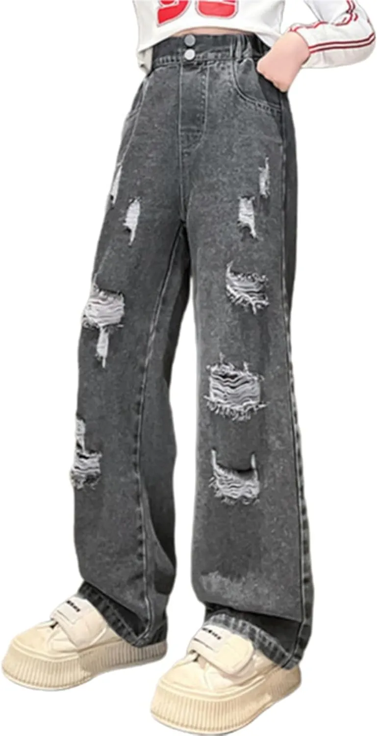 Girls Ripped Jeans Elastic Waist Distressed Straight Leg Denim Jeans Streetwear Hip Hop Pants Washed Boyfriend Jeans