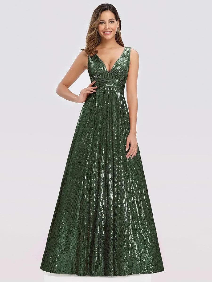 Gorgeous Double V Neck Maxi Long Sleeveless Sequin Prom Dress