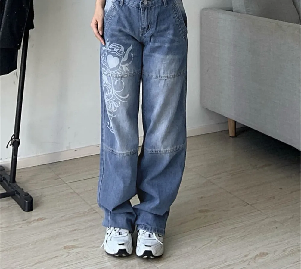 Gothic Print Baggy Jeans