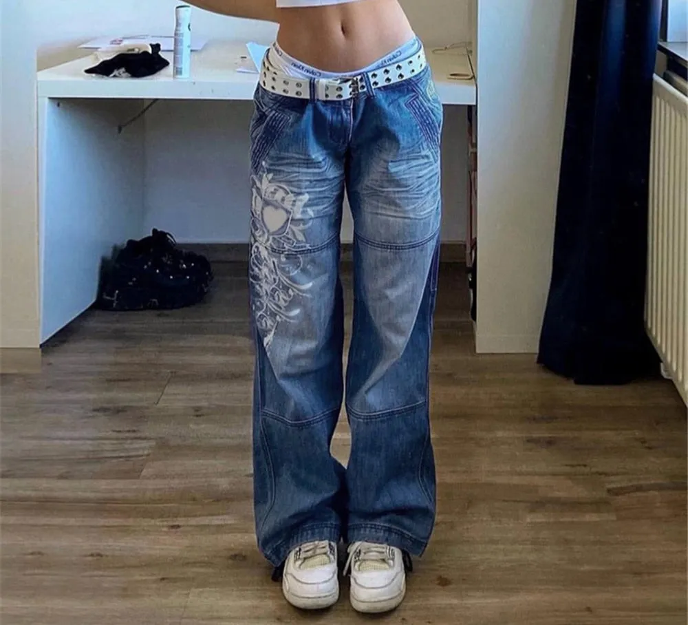 Gothic Print Baggy Jeans