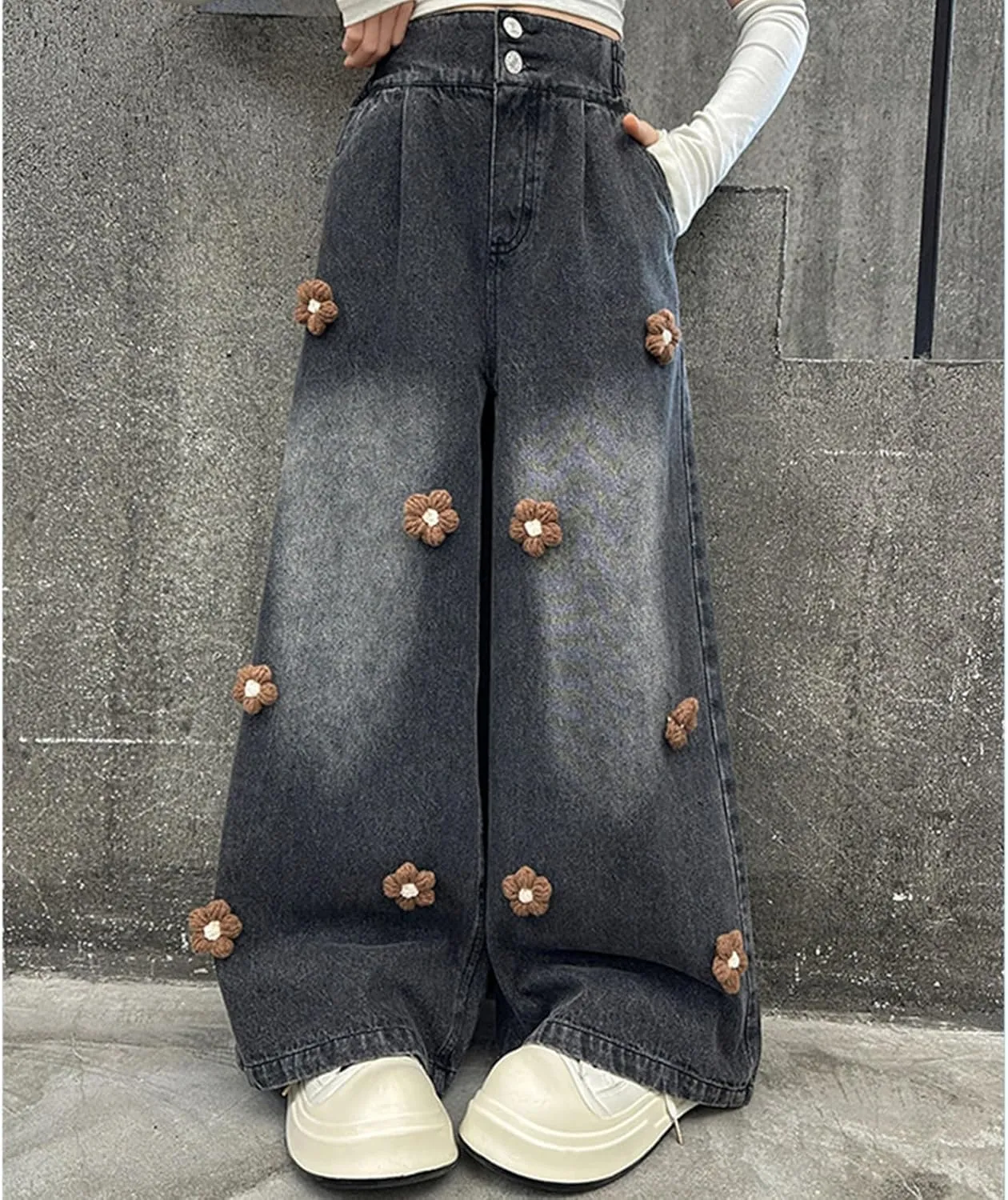 Kids Girls Jeans Denim Cargo Pants Casual Baggy Wide Leg Jeans High Waist Floor Length Jeans with Pockets