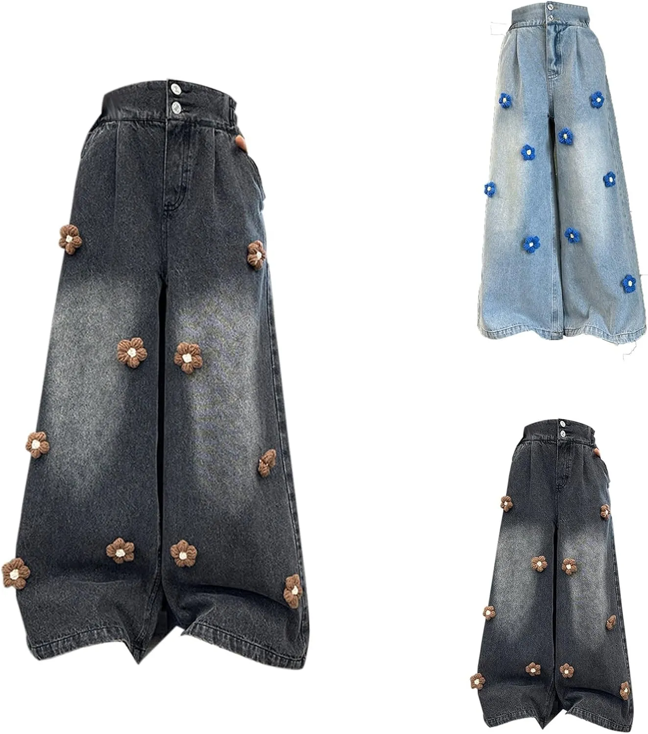 Kids Girls Jeans Denim Cargo Pants Casual Baggy Wide Leg Jeans High Waist Floor Length Jeans with Pockets