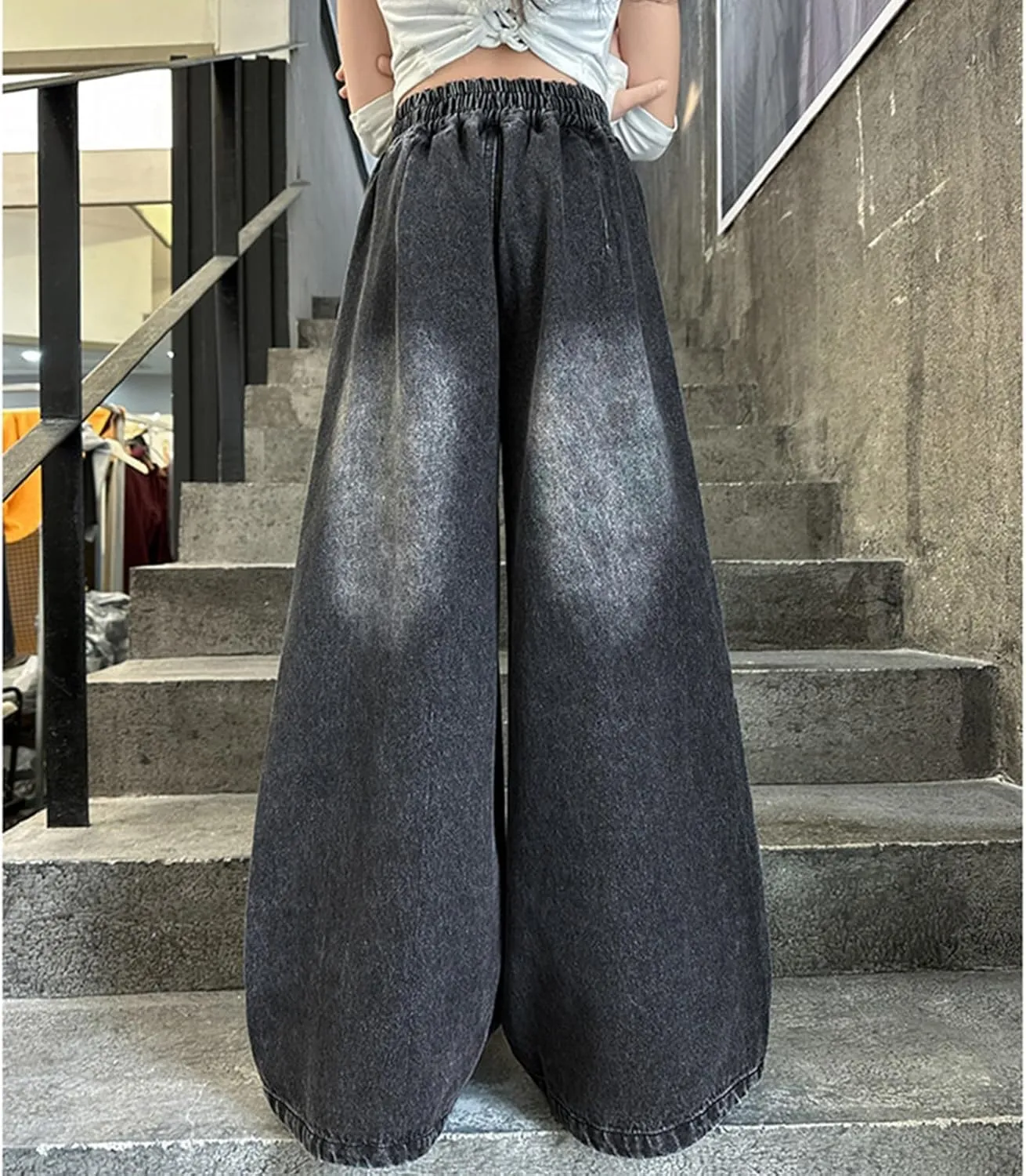 Kids Girls Jeans Denim Cargo Pants Casual Baggy Wide Leg Jeans High Waist Floor Length Jeans with Pockets