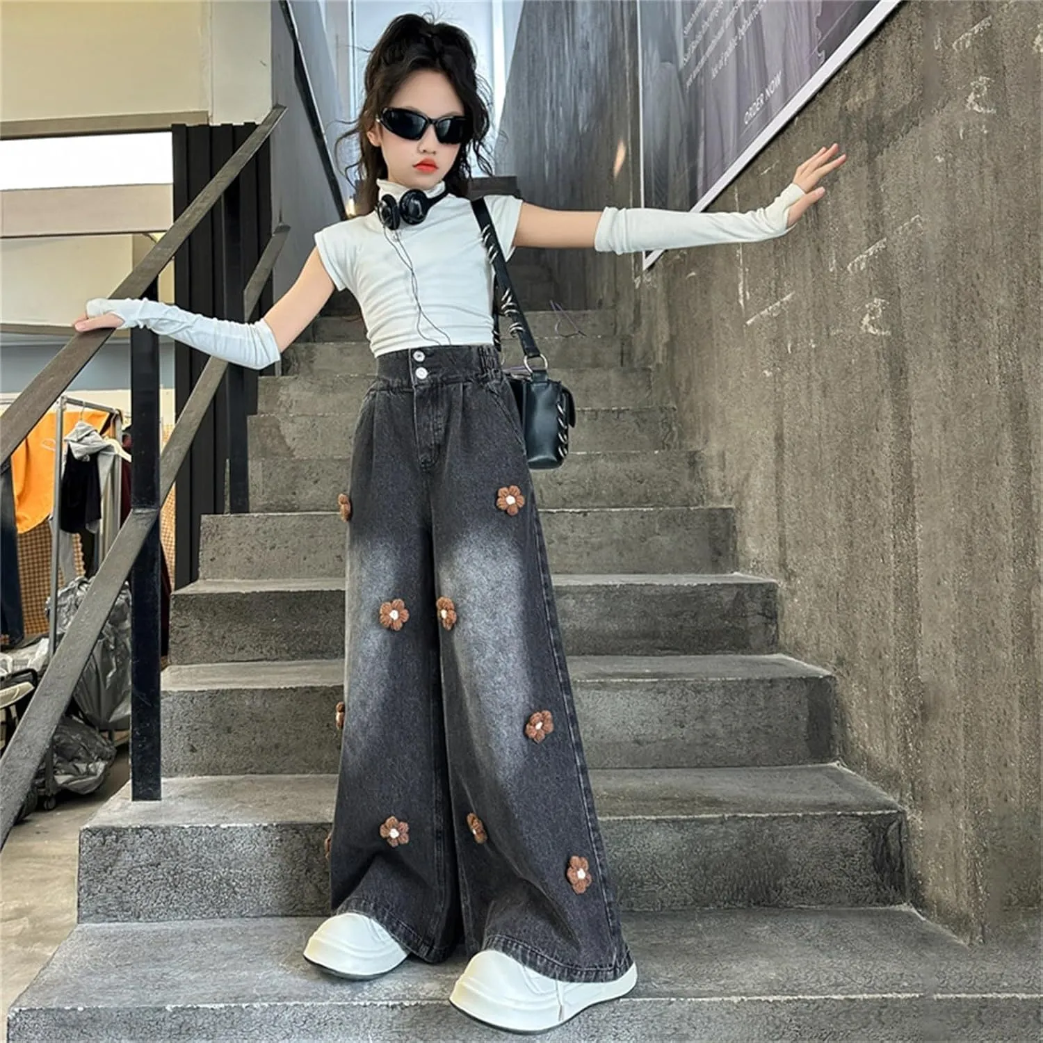 Kids Girls Jeans Denim Cargo Pants Casual Baggy Wide Leg Jeans High Waist Floor Length Jeans with Pockets