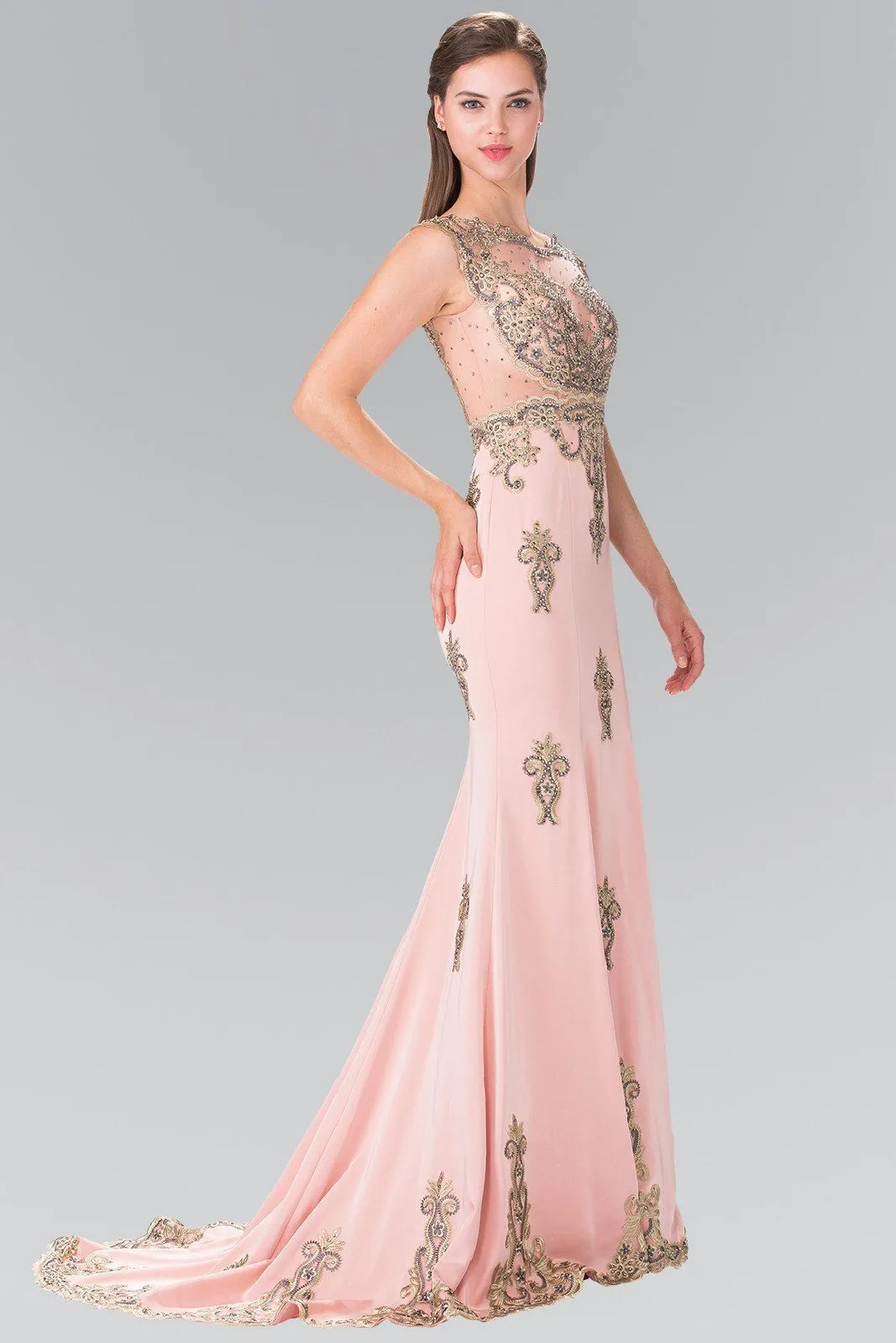 Long Cap Sleeve Illusion Dress with Applique by Elizabeth K GL2233