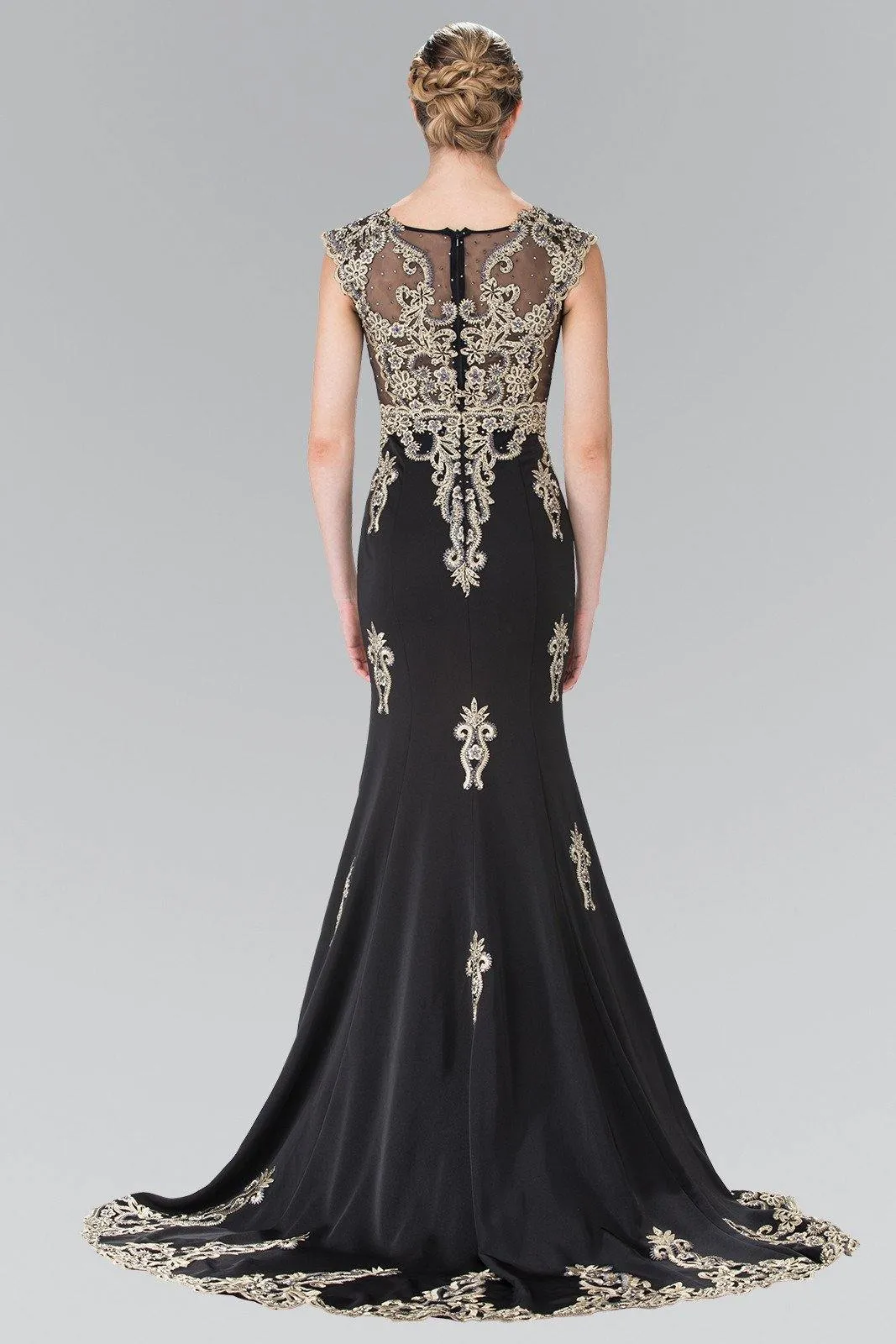 Long Cap Sleeve Illusion Dress with Applique by Elizabeth K GL2233
