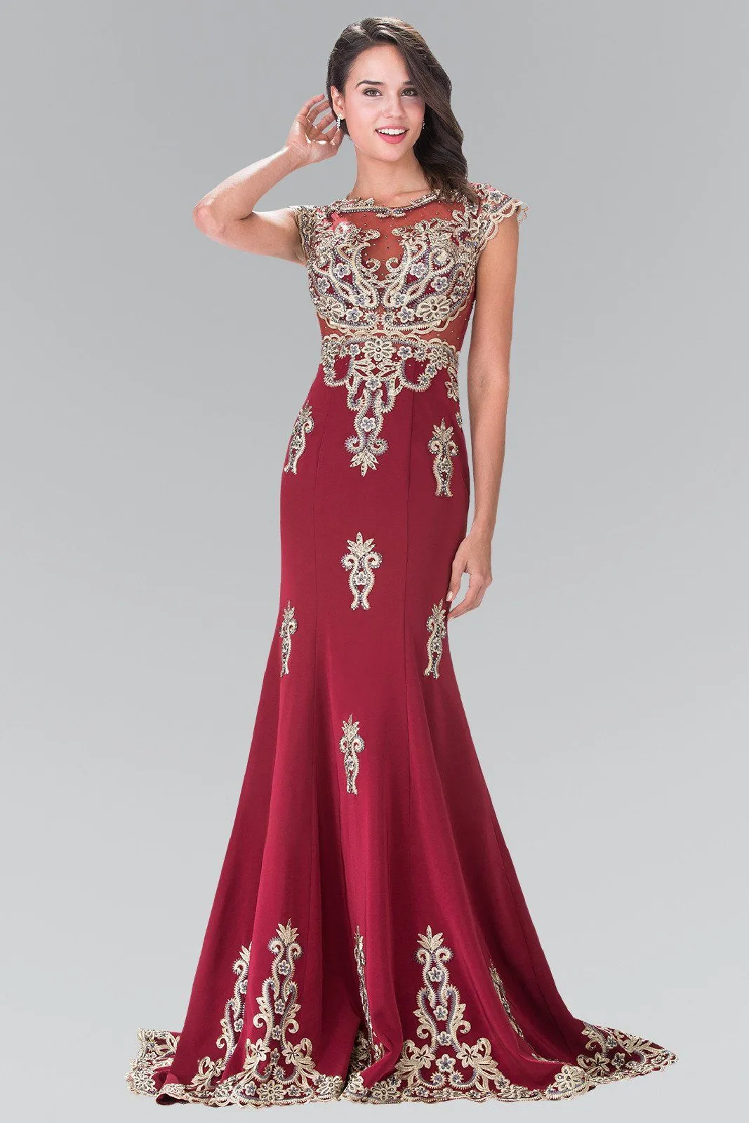 Long Cap Sleeve Illusion Dress with Applique by Elizabeth K GL2233