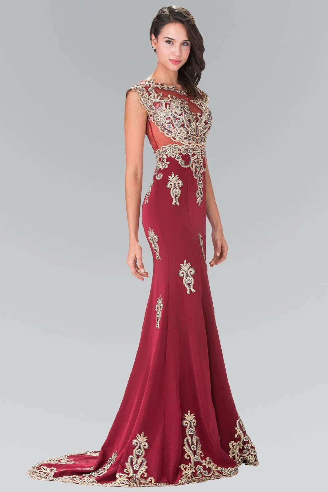 Long Cap Sleeve Illusion Dress with Applique by Elizabeth K GL2233