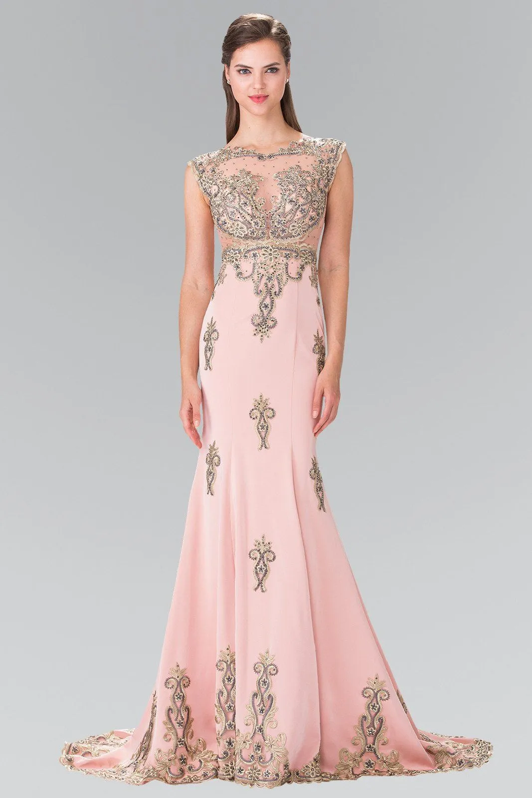 Long Cap Sleeve Illusion Dress with Applique by Elizabeth K GL2233