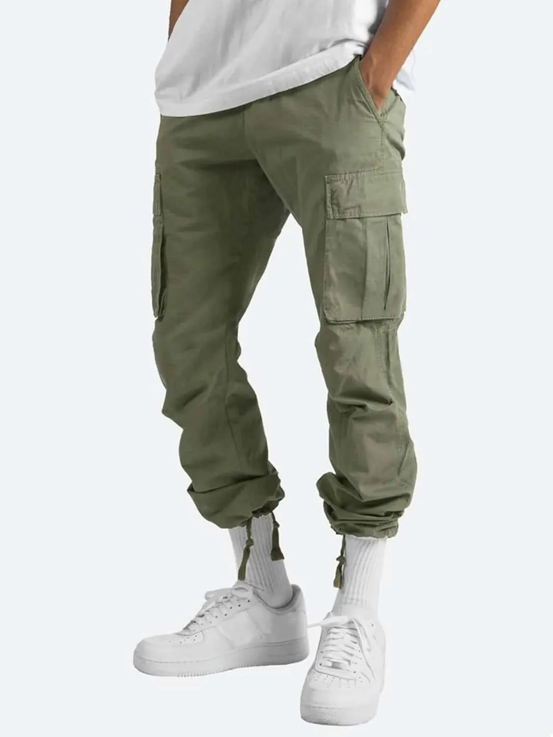 Mens Multi Pocket Cargo Pants Slim Straight Fit Casual Comfort Drop Crotch Jogger Pants for Hiking Combat Work