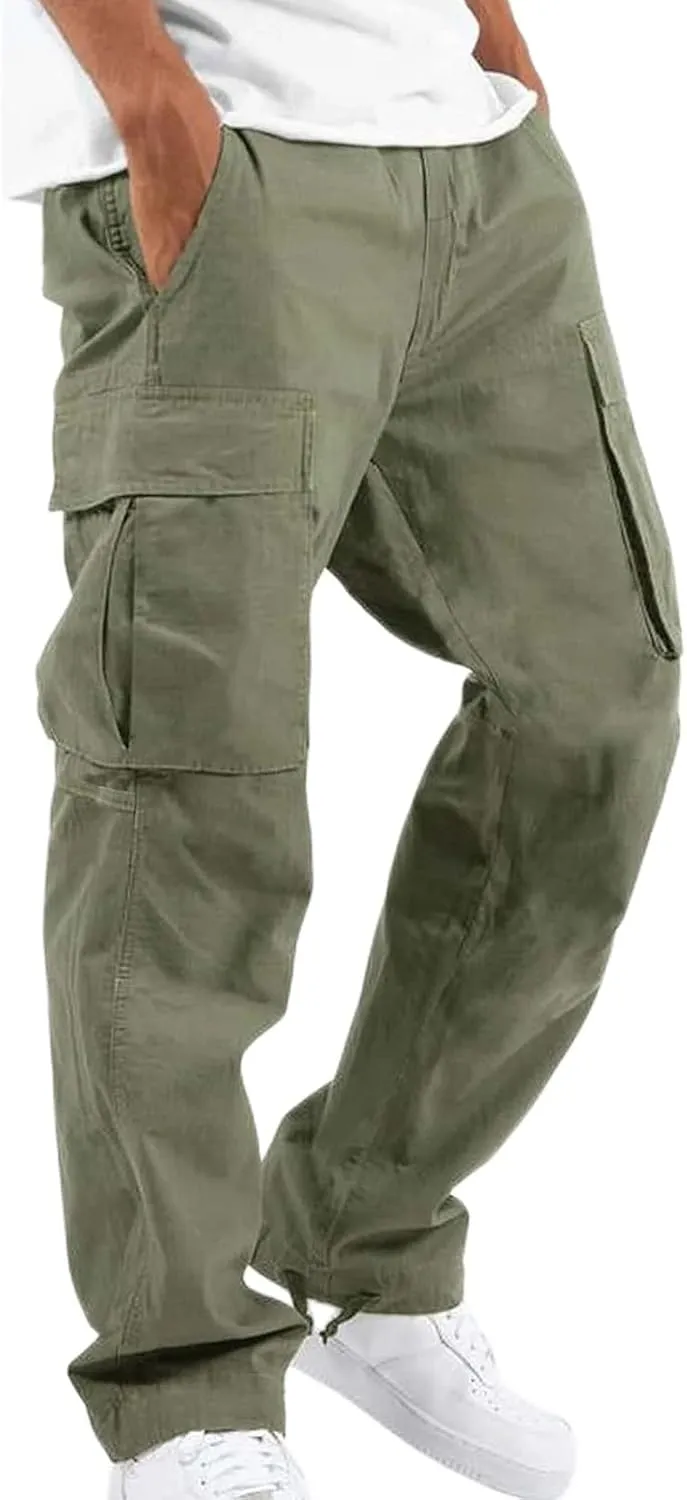 Mens Multi Pocket Cargo Pants Slim Straight Fit Casual Comfort Drop Crotch Jogger Pants for Hiking Combat Work