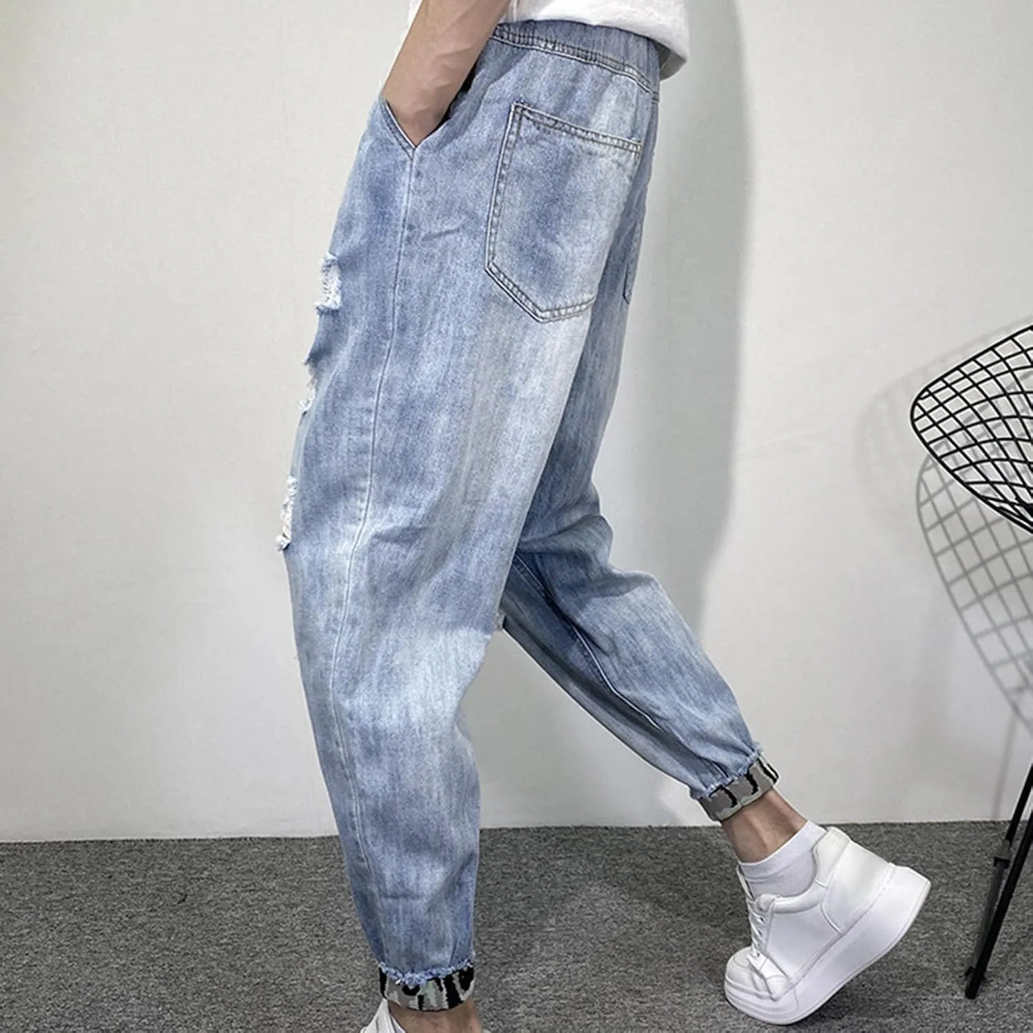 Men's Ripped Baggy Jeans Distressed Destroyed Denim Pants Elastic Waist Stretch Tapered Jeans Hip Pop Streetwear