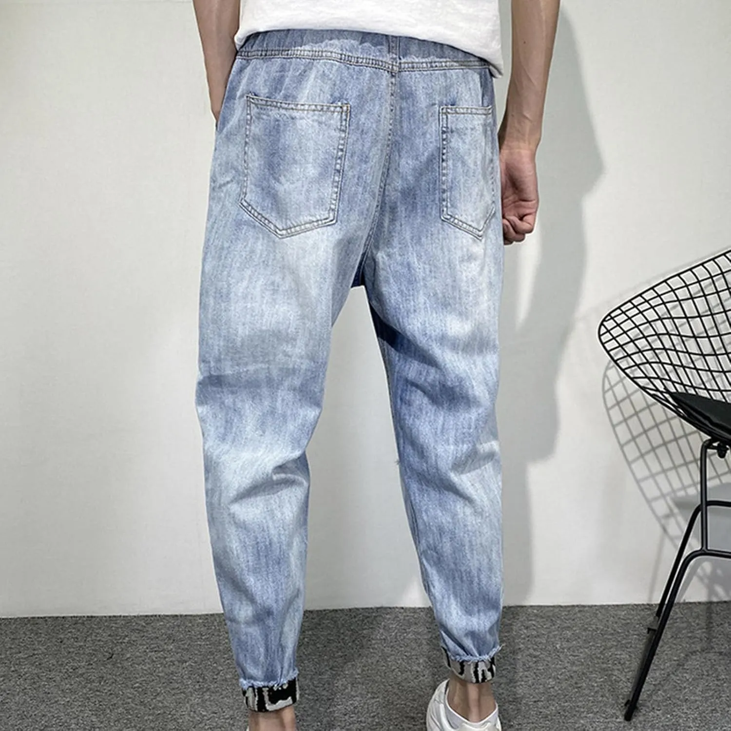 Men's Ripped Baggy Jeans Distressed Destroyed Denim Pants Elastic Waist Stretch Tapered Jeans Hip Pop Streetwear