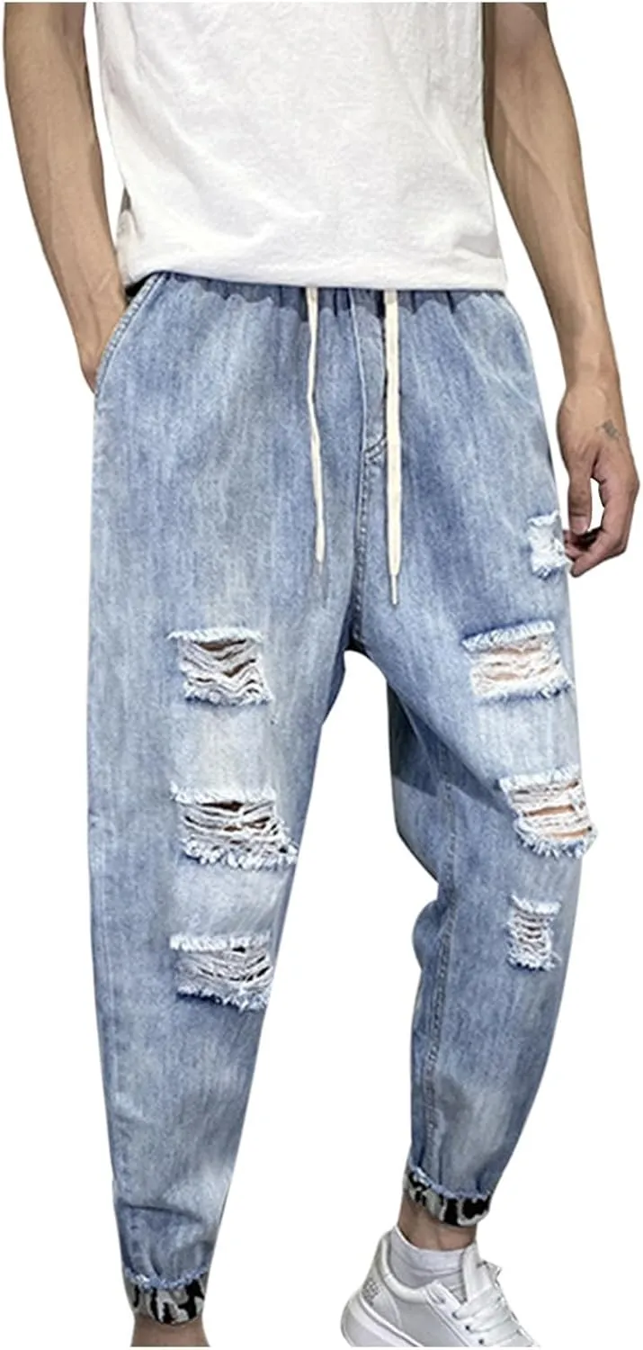 Men's Ripped Baggy Jeans Distressed Destroyed Denim Pants Elastic Waist Stretch Tapered Jeans Hip Pop Streetwear