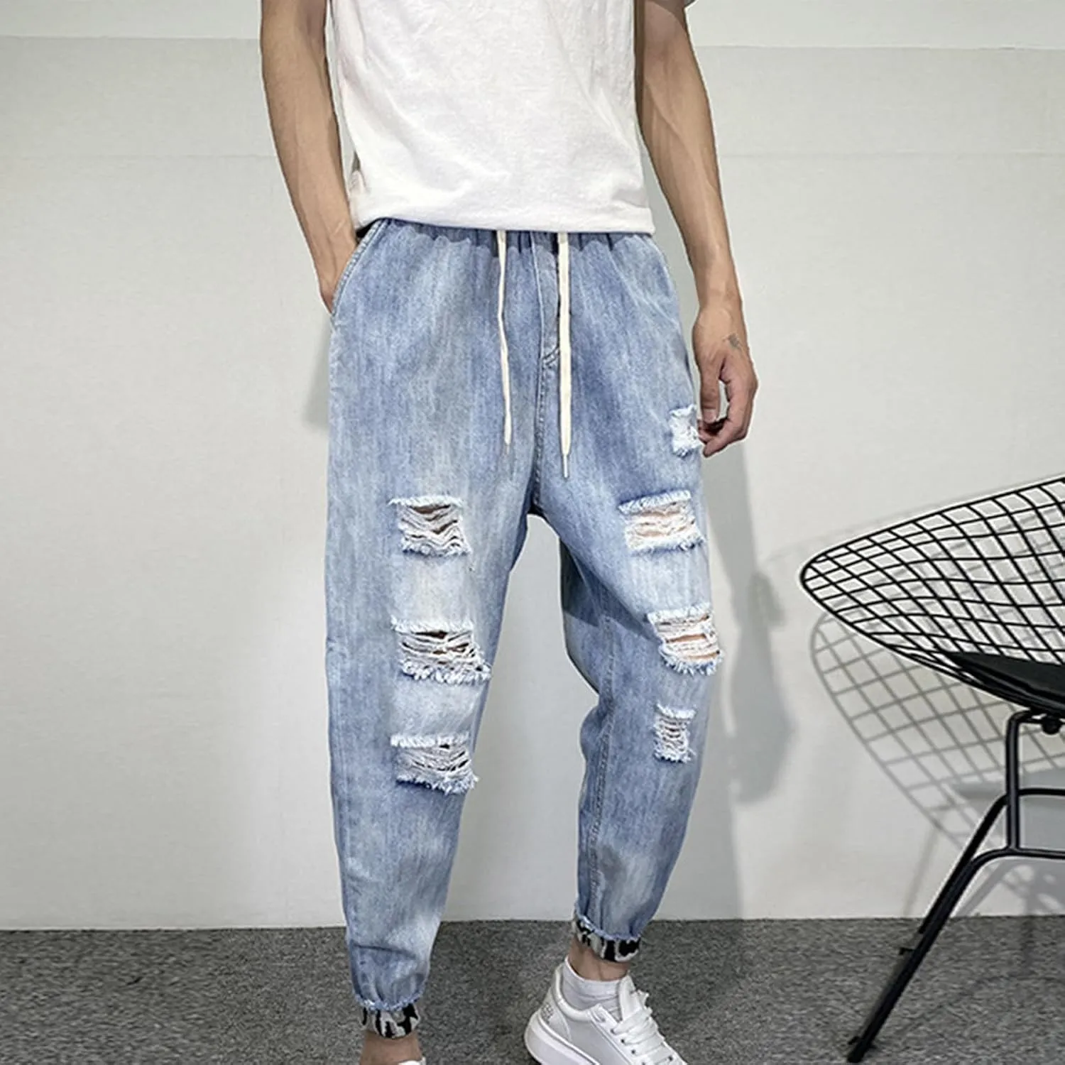 Men's Ripped Baggy Jeans Distressed Destroyed Denim Pants Elastic Waist Stretch Tapered Jeans Hip Pop Streetwear